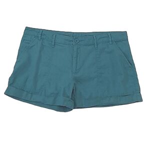 GAP Linen Short Shorts Mid Waist Rise Turquoise Rolled Hem Pockets Zip Up Boho